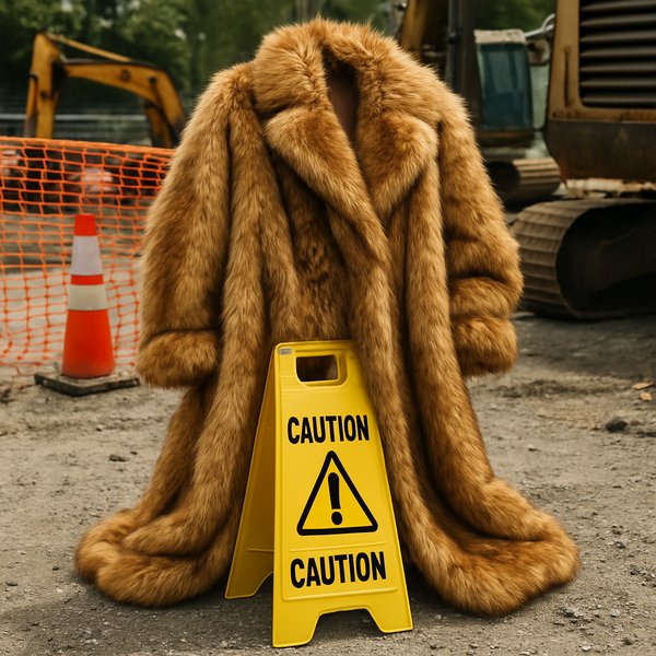 Absurd fashion scene with fur coat in inappropriate setting