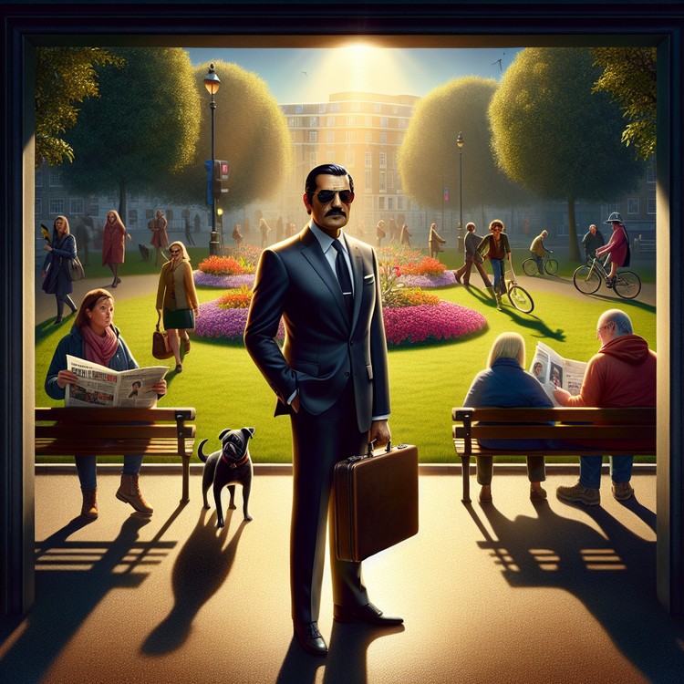 Dark comedy scene with a spy character holding a briefcase