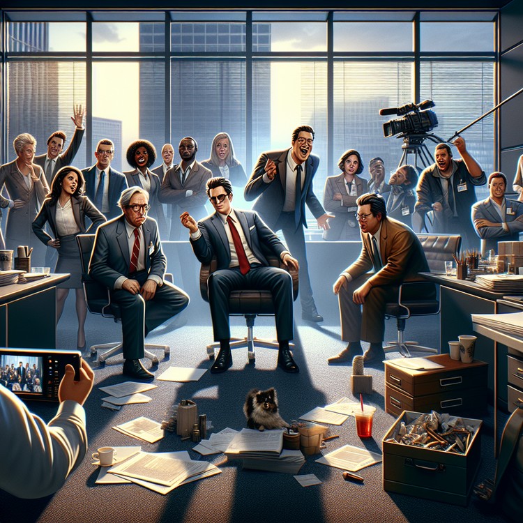 Satirical scene featuring characters in corporate settings