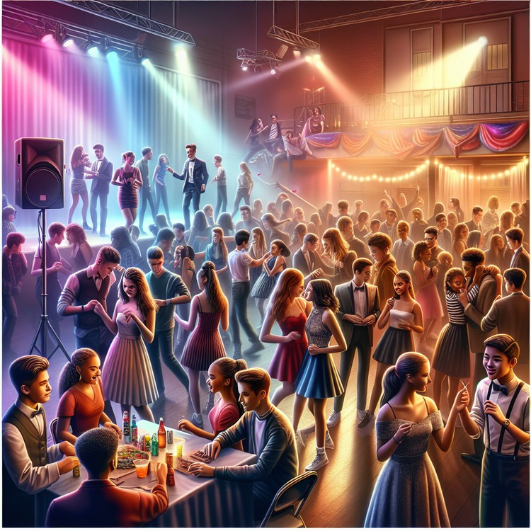 The cast of Sixteen Candles at a high school dance