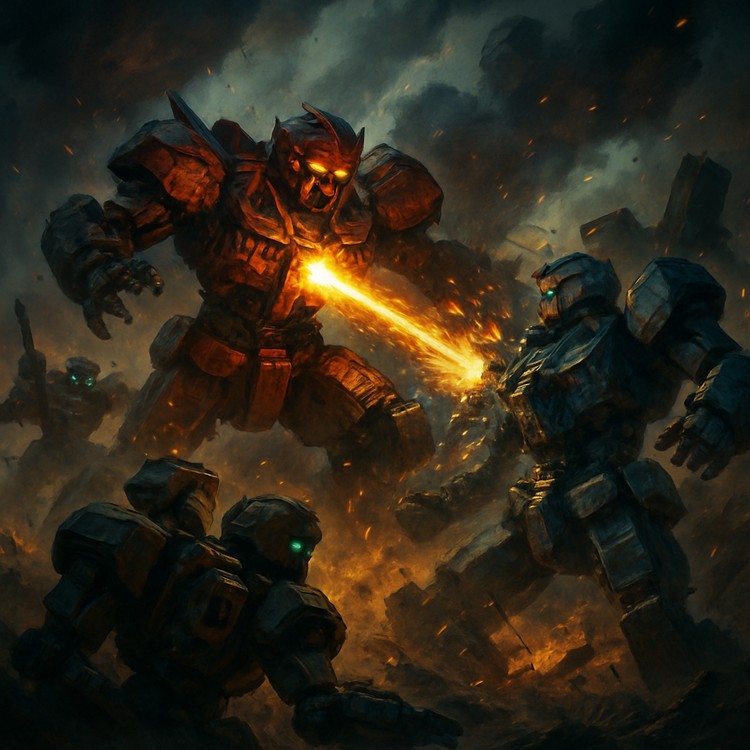 A chaotic robot battle scene