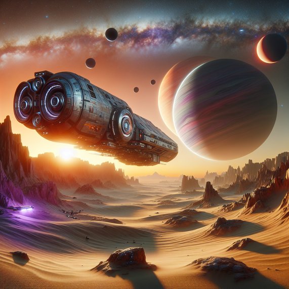 A crashed spaceship on an alien desert planet under strange suns