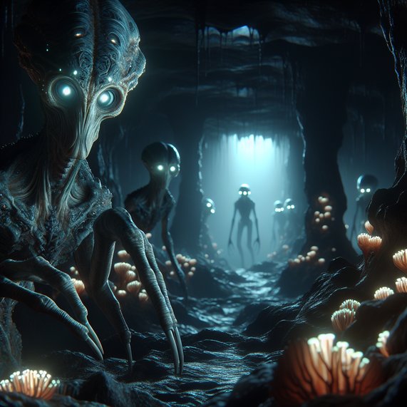 Glowing alien creatures emerging from underground caves in darkness