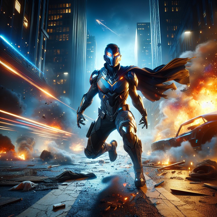 A generic superhero pose surrounded by CGI chaos