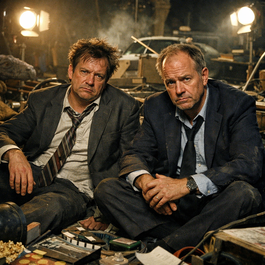 Two middle-aged action heroes looking exhausted on a chaotic movie set