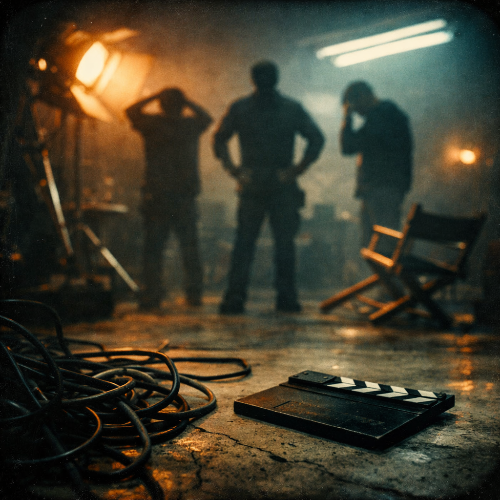 A chaotic behind-the-scenes film production scene shot in a documentary-handheld style. In the foreground, tangled electrical cables snake across a concrete floor next to a clapperboard lying face-down. Mid-ground: anonymous silhouetted crew members in dark clothing stand with hands on hips or heads in hands, body language suggesting confusion and resignation. Background: a tilted lighting rig partially casts warm tungsten light while a fluorescent panel flickers overhead, creating mixed color temperatures. A director's chair in the corner lies on its side. Heavy film grain, lens vignette, muted desaturated palette except for the warm tungsten glow. No recognizable faces, no production company logos, no text